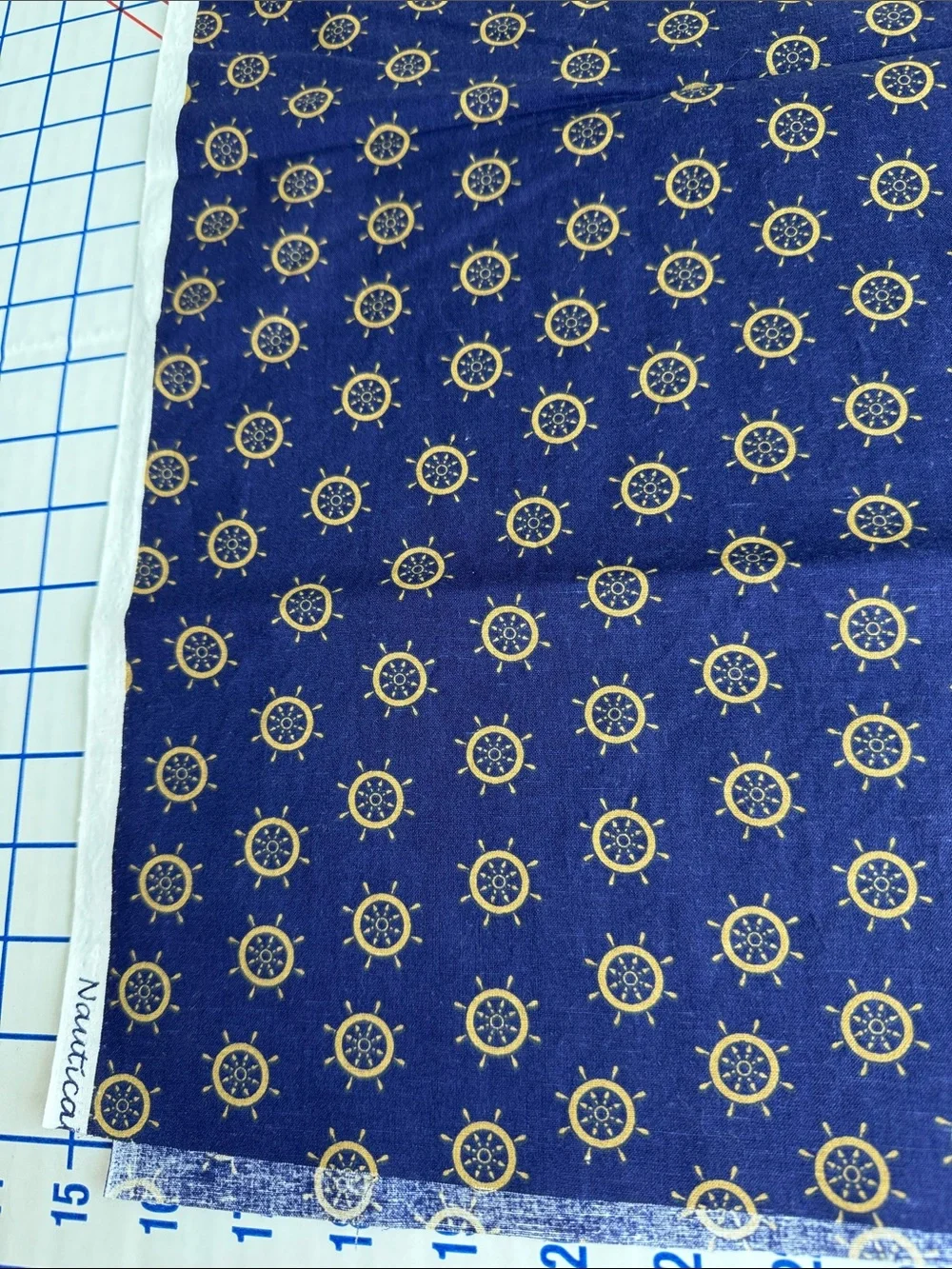 Vintage Joan Pace Baker Nautical Prints Cotton Fabric Ship Wheel Navy Gold